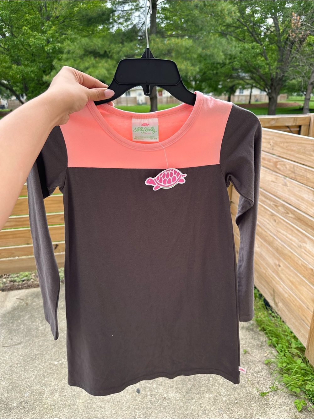 Lolly Wolly Doodle Brown and Coral Long Sleeve Dress with Pink Turtle